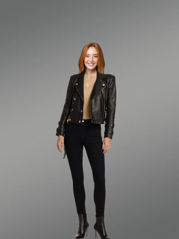 Womens Cropped Moto Leather Jacket Snugly Glowing Your Wintry Eventide - Image 2