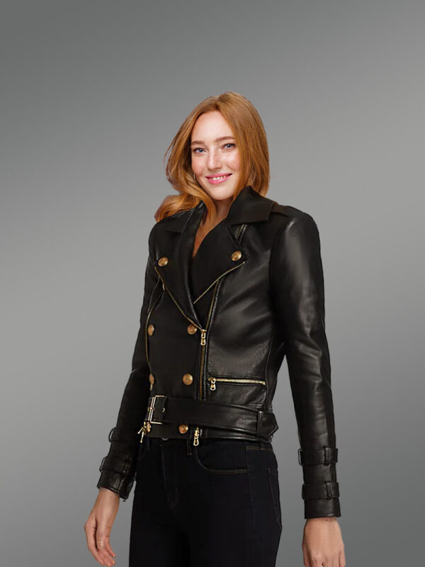 Womens Cropped Moto Leather Jacket Snugly Glowing Your Wintry Eventide - Image 4