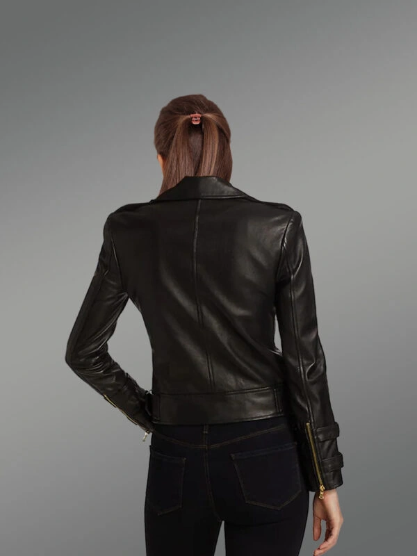 Womens Cropped Moto Leather Jacket Snugly Glowing Your Wintry Eventide - Image 5